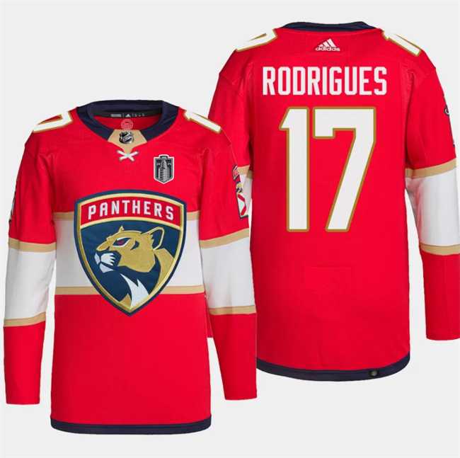 Mens Florida Panthers #17 Evan Rodrigues Red 2024 Stanley Cup Final Patch Stitched Jersey Dzhi->->NHL Jersey